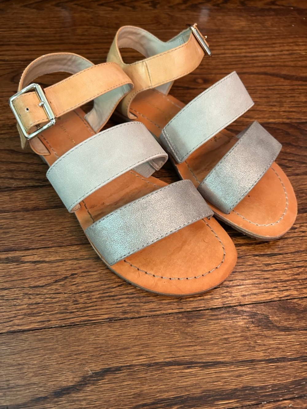 BC Footwear Silver and Tan Triple-Strap Ankle Sandals